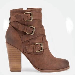 JustFab Bootie Faux Suede Bootie Side Buckle Faux Stacked Cone Heel Sz 10 Brown